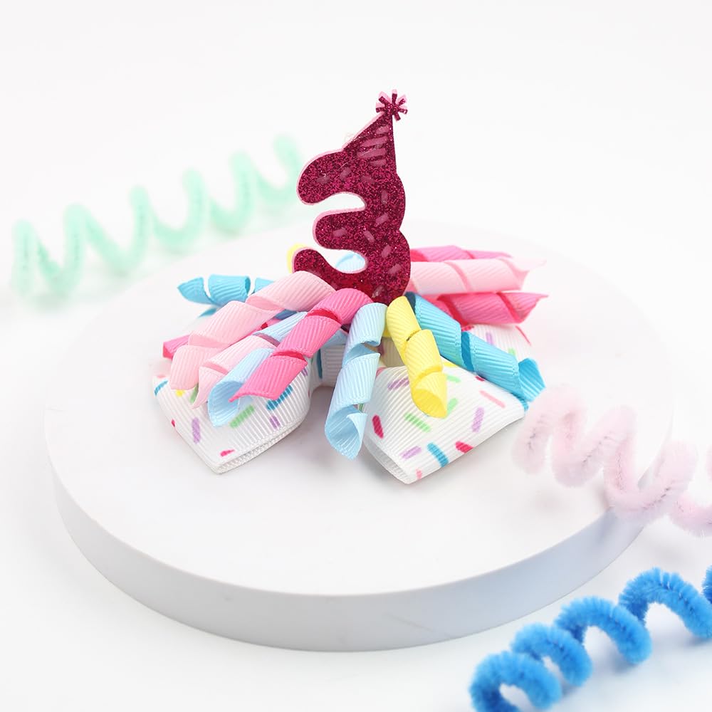 Birthday Hair Clips For Baby Girls - 2Pc Curly Ribbon With Deep Red Number Bow Hair Clips For 3Rd Birthday Baby Bow Party Decora