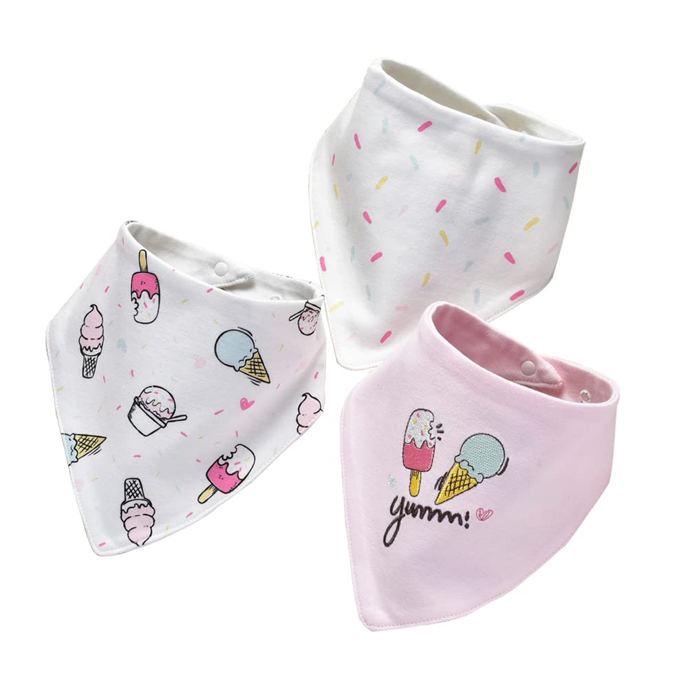 Jn&Lulu 3 Pack Newborn Baby Bibs Bandana Drool Bibs For Drooling Cotton Baby Gifts (Ice Cream)