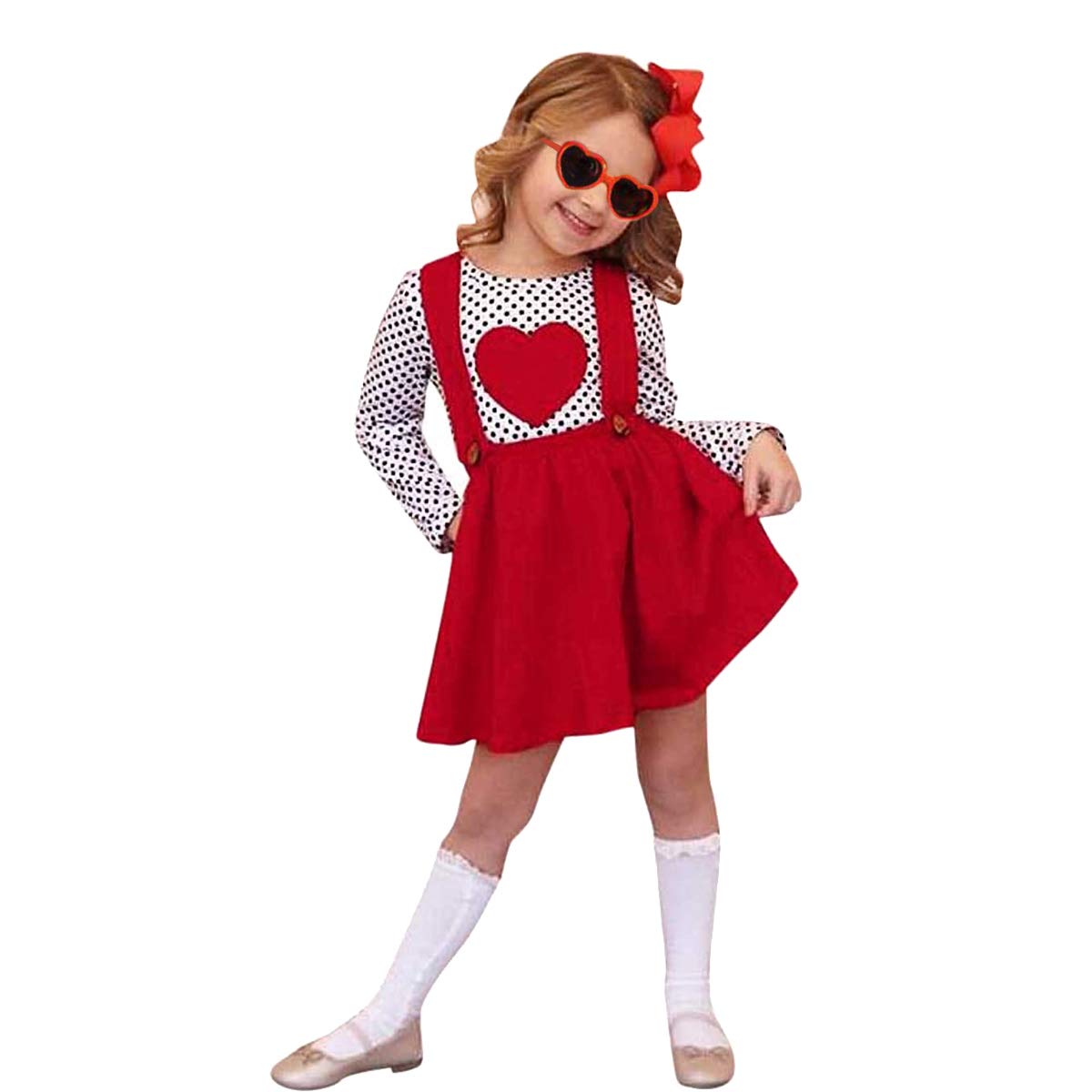 Toddler Baby Girls Valentine'S Day Outfits Long Sleeve Dot Heart Shirt Top Red Suspender Skirt Clothes Set(Red, 6-7T(130))