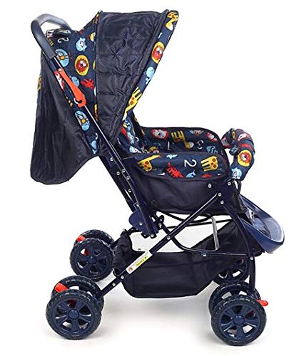Baby Stroller with Printed Pattern, Reclining Seat, 4 Wheels, Blue