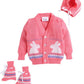 Little Angels Baby Sweater Set  3 Pcs Woollen Full Sleeves VNeck Jacquard Rabbit Design for Baby Girls 6 to 12 Months (Neon Pi