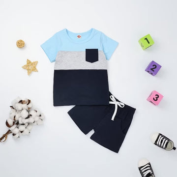 12-18 Month Boy Clothes Baby Boys Summer Outfits Short Sleeve Patchwork T-Shirt & Solid Shortsset 2 Piece, Blue Boy Set 12-18 Mo