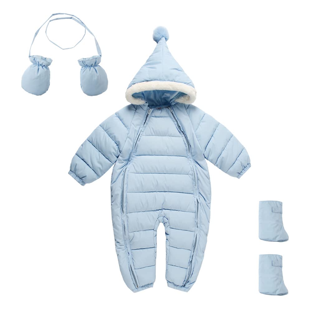 Mud Kingdom 3 Piece Blue Jumpsuit Baby Boys Girls Romper Hooded Matching Gloves and Shoes Zipper Overall 6-12 Months