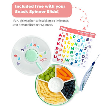 Gobe Kids Small Snack Spinner Slide Bundle With Hand Strap And Sticker Sheet - Reusable Snack Container With 5 Compartment Dispe