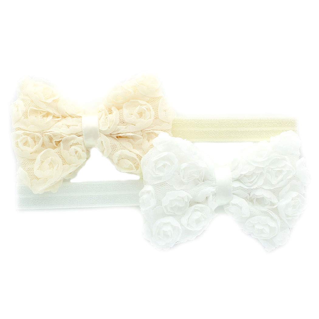 My Lello Girls Fabric Rose Bow Headbands 2 Pack (Ivory/White)