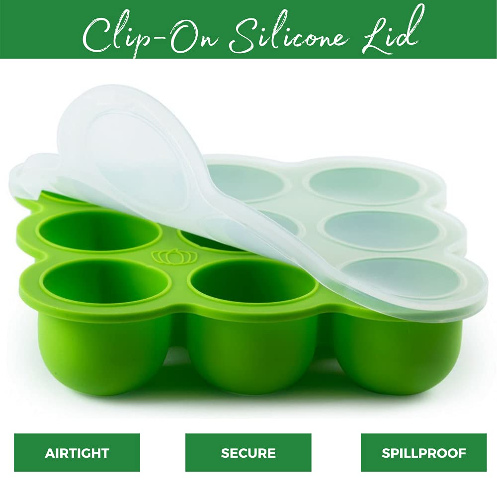 Silicone Baby Food Storage Container And Freezer Tray - Food-Grade Silicone Mold With Clip-On Lid - 9 X 2.5 Oz Easy Out Portions