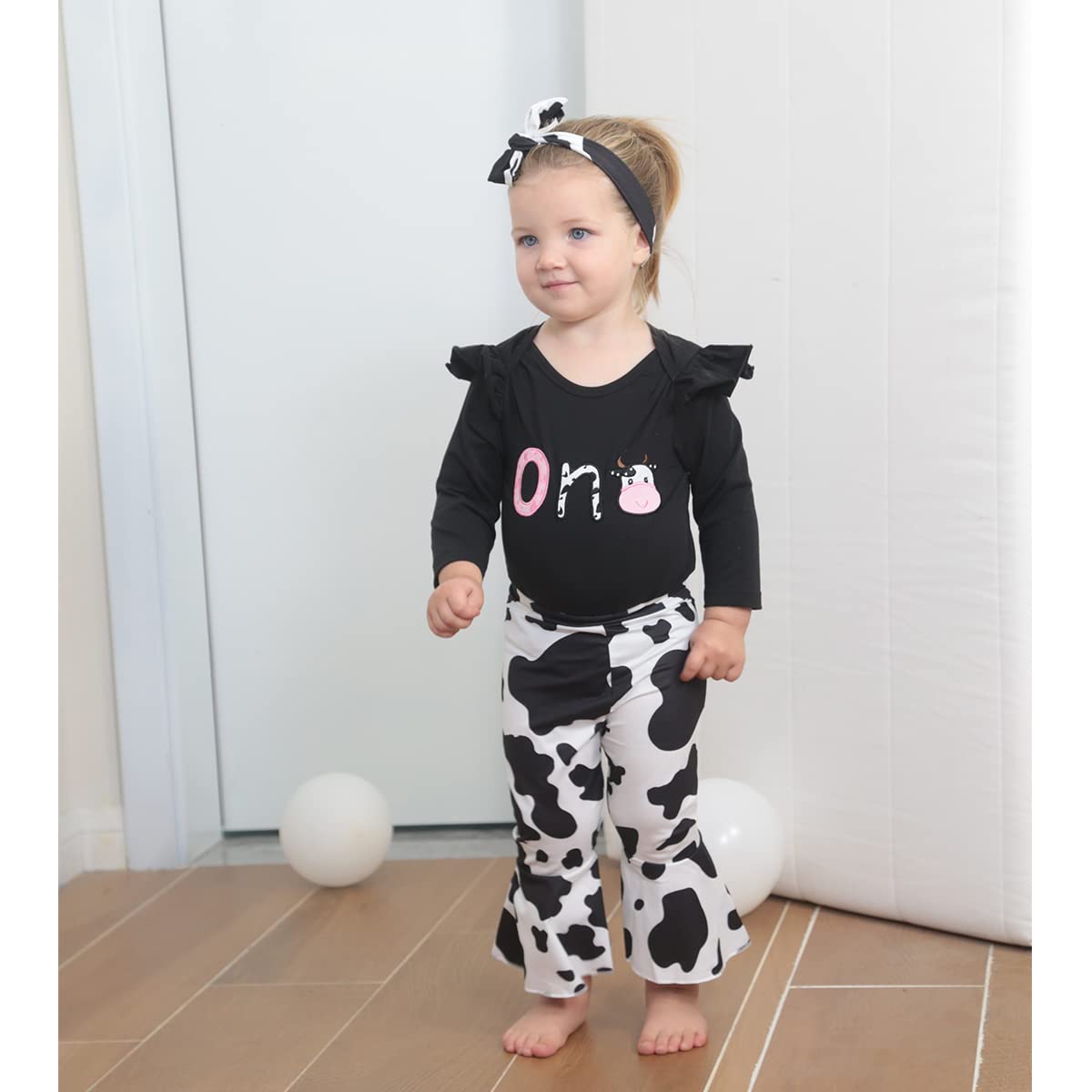 Detigee 1St Birthday Outfit For Girls Cow Birthday Outfit Infant First Birthday Clothes (Black,12-18 Months) (A1019A)