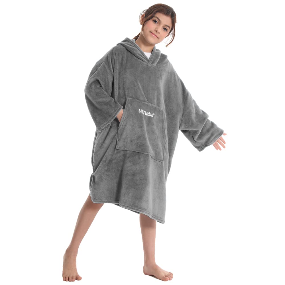 Hiturbo Kids Towel Changing Robe: Soft Plush Wearable Blanket - Warm Coral Fleece Hoodie - Swim Surf Poncho For 5-12 Years (Gray