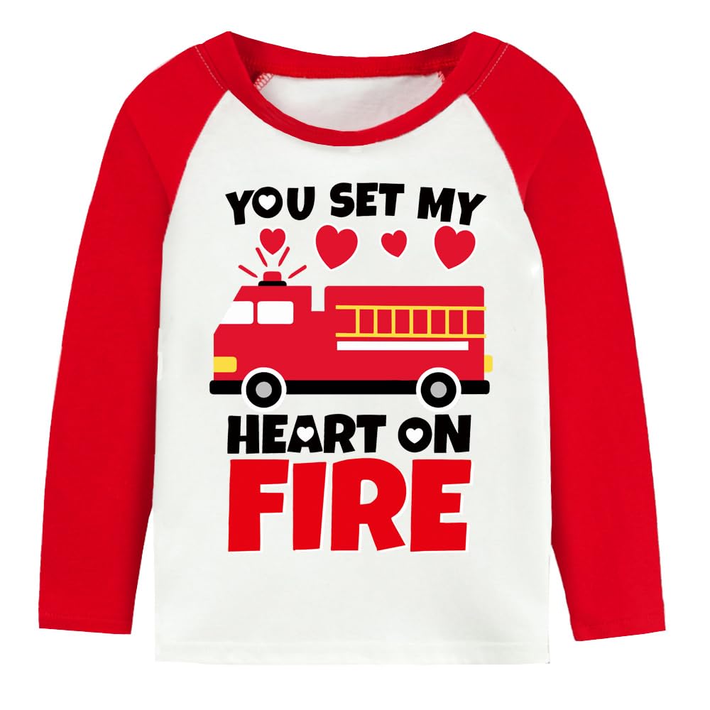 Toddler Boy Girl Valentine'S Day Shirt Fire Truck You Set My Heart On Fire Cotton Long Sleeve Tee Kid Boy Top 10 Years