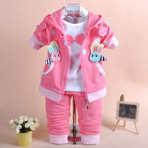 Yao 6M-4Y 3Pcs Baby Girl Casual Hoodie Jacket Cotton T-Shirt Pants Sweater (Hot Pink,18-24M)