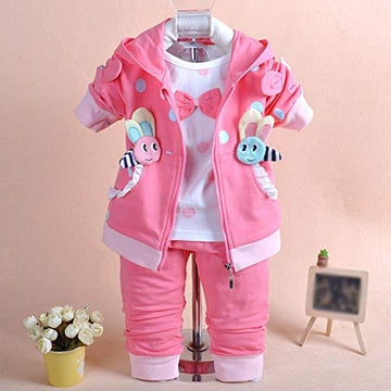 Yao 6M-4Y 3Pcs Baby Girl Casual Hoodie Jacket Cotton T-Shirt Pants Sweater (Hot Pink,18-24M)
