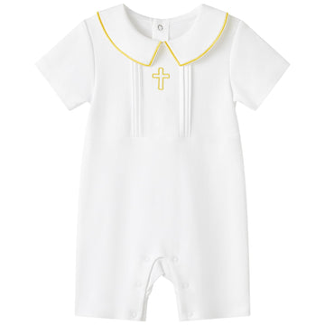 Pureborn Baby Boys Baptism Romper Short Sleeve Organic Cotton Christening Jumpsuit Blessing One-Piece Outfit White Newborn
