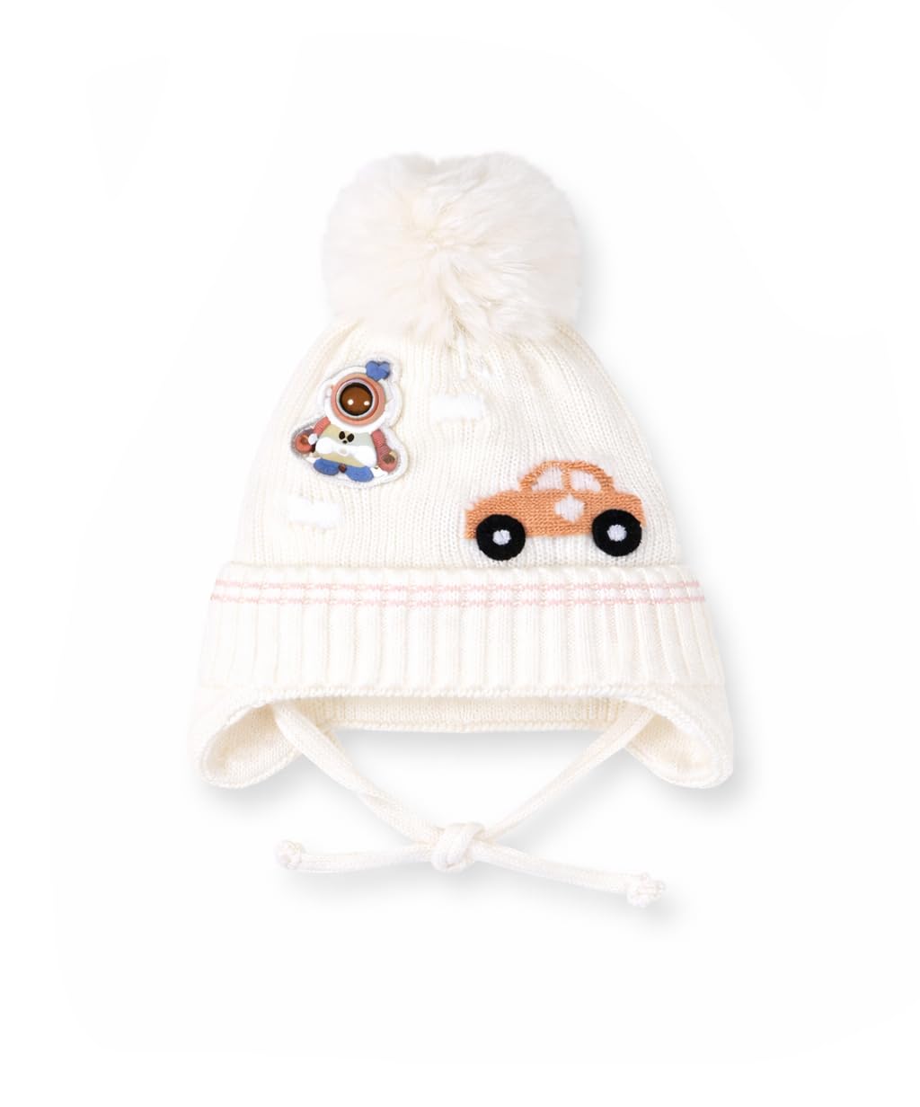 Bold N Elegant Baby Kids Warm Wool Grandma Knitted Astronaut Car Print Cute Winter Cap Beanie Hat Topa With Tie Up Winter Access