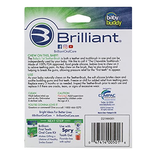 Brilliant Oral Care Babys First Toothbrush, Smooth Silicone Bristles Gently Clean Tender Teeth and Gums, for Ages 4+ Months, Pin