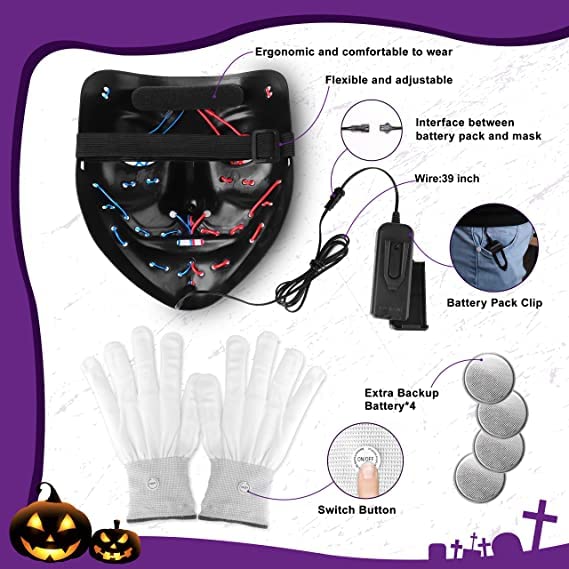 Stonch Halloween Mask Skeleton Gloves Set, 3 Modes Light Up Scary Led Mask With Led Glow Gloves, Halloween Decorations Anonymous