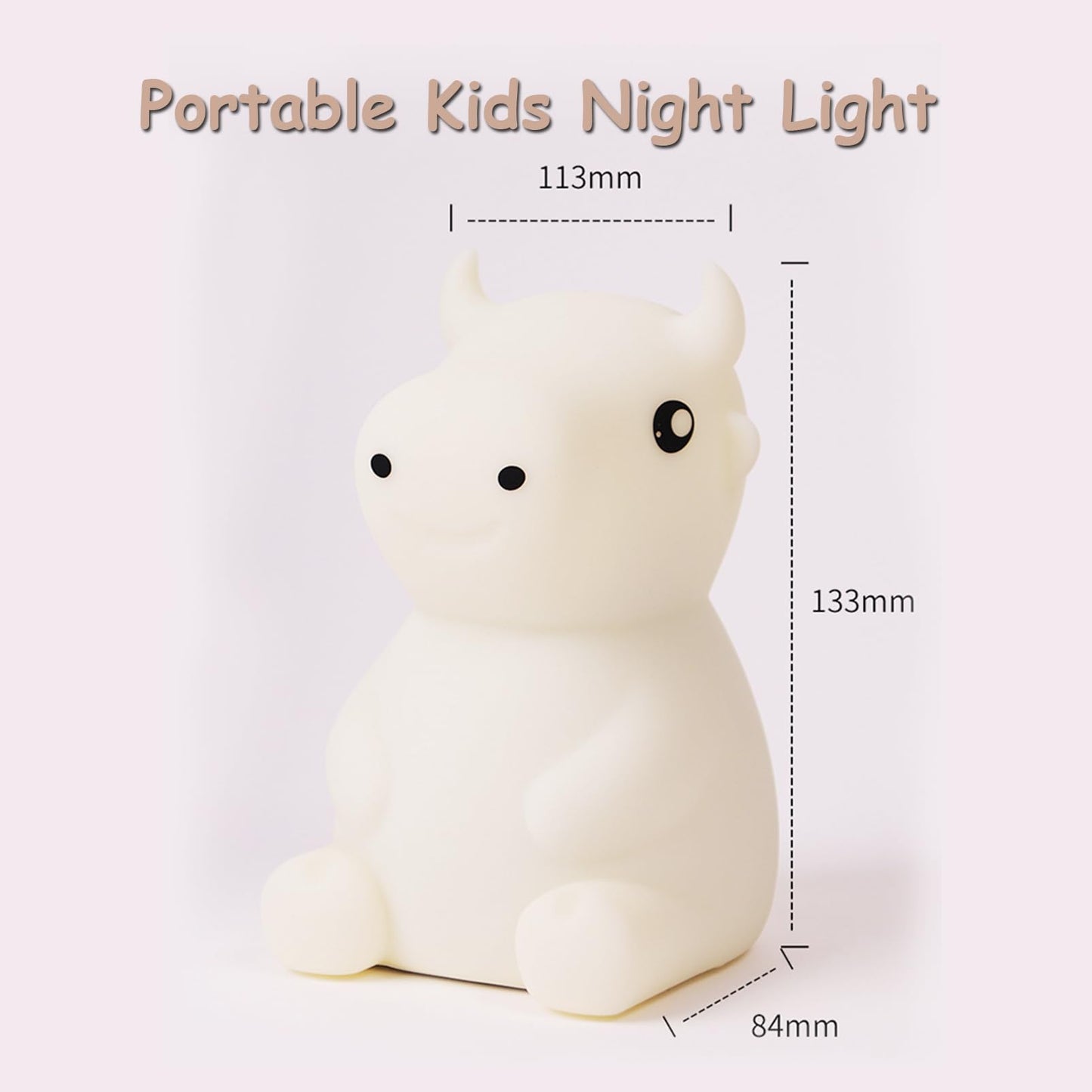 SMOORITA Night Light for Kids, Cute Night Lamp Bedroom Cow Nightlight for Baby Girl Boy Teem, Battery Powered Silicone Animal Ni