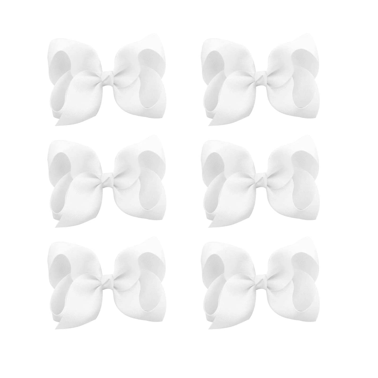 6 Pcs 3' Grosgrain Ribbon Hair Bows - Alligator Clips For Toddlers In Solid Color (White)