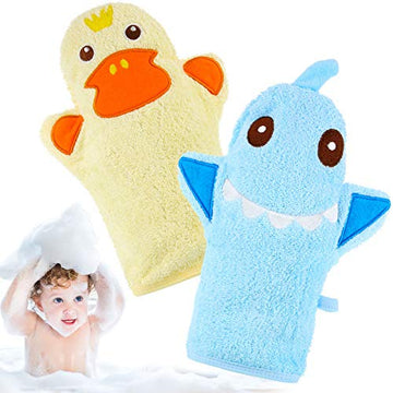 2 Pieces Baby Bath Mitt Washcloths With Cute Animal Designs Yellow Duck Shark Towel Gentle Soft Scrub For Toddler Bath And Showe