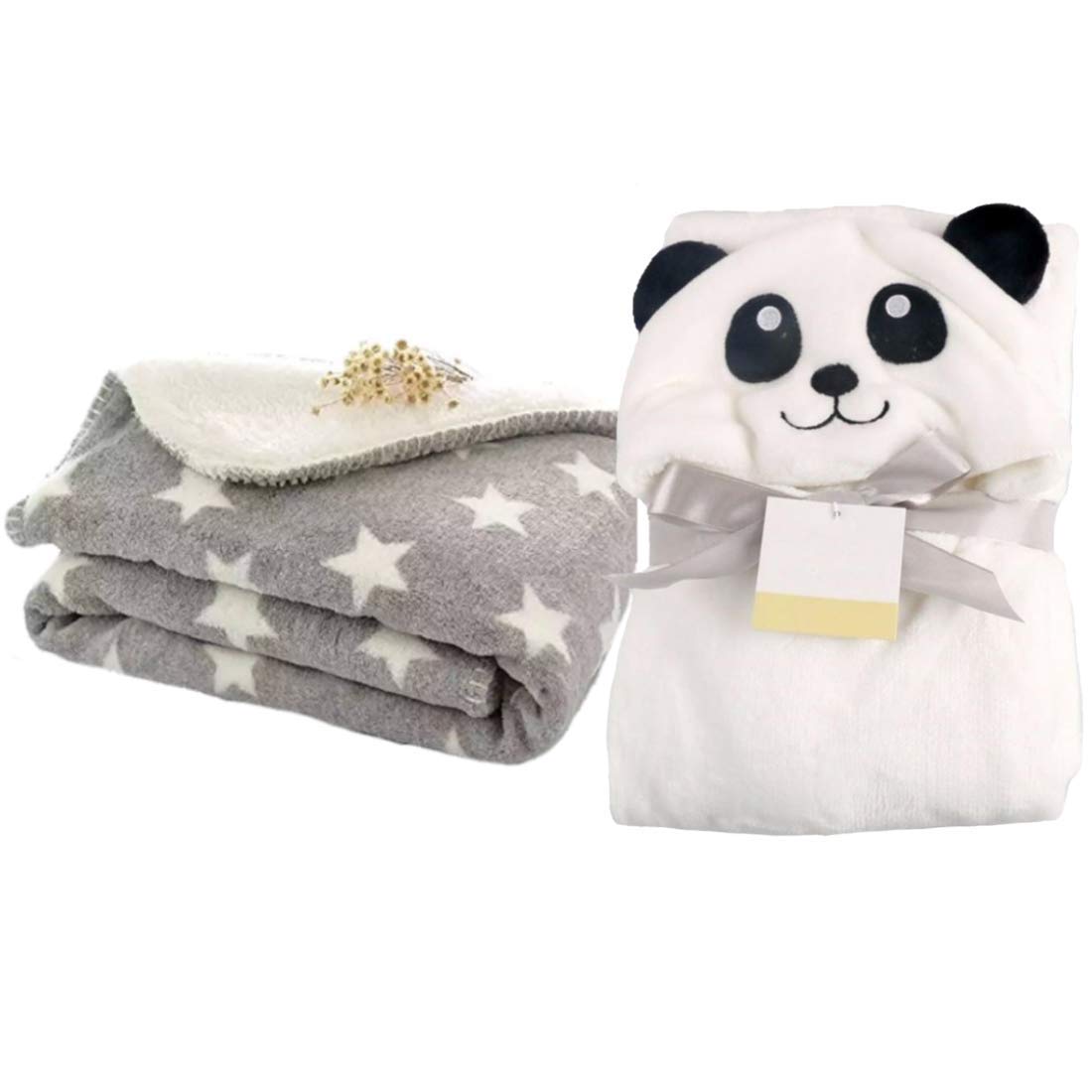 BRANDONN All Season Fleece Supersoft Hooded and Printed Baby Blanket and Baby Bath Towel (Grey, White)  Pack of 2