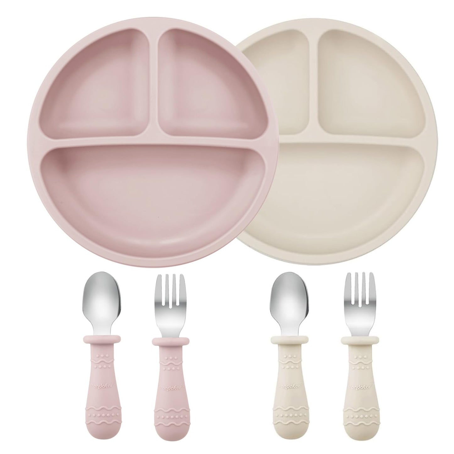 PandaEar 6 Pack Toddler Plates and Utensils Set, 2 Pack Silicone Baby Plates with Suction and 4 Stainless Steel Baby Spoons Fork