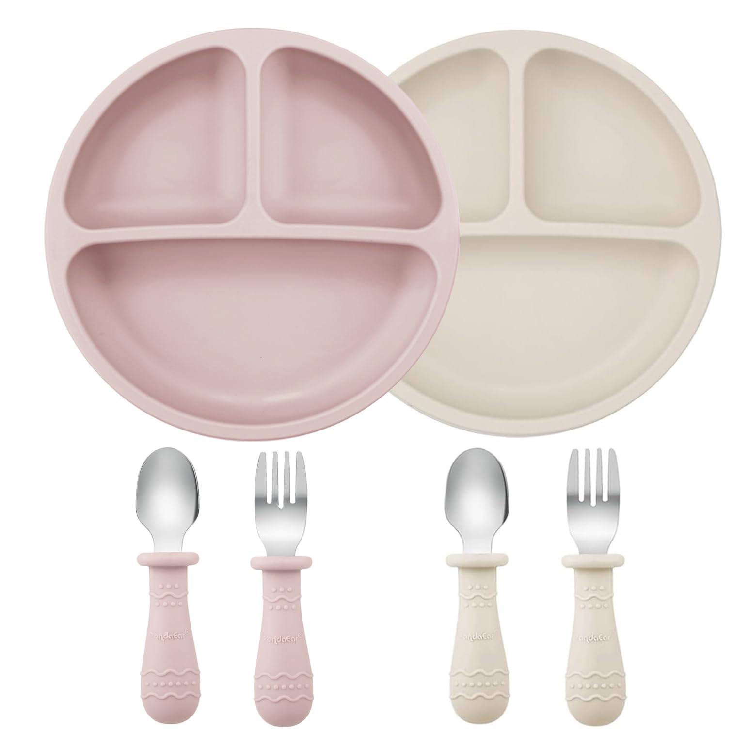 PandaEar 6 Pack Toddler Plates and Utensils Set, 2 Pack Silicone Baby Plates with Suction and 4 Stainless Steel Baby Spoons Fork