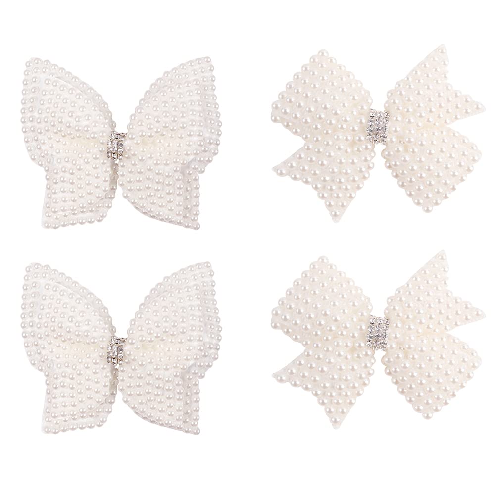 Double Layer Pearl Hair Bows For Girls, White Butterfly Flower Alligator Hair Bow Clip Wedding Rhinestone Hair Accessories For B