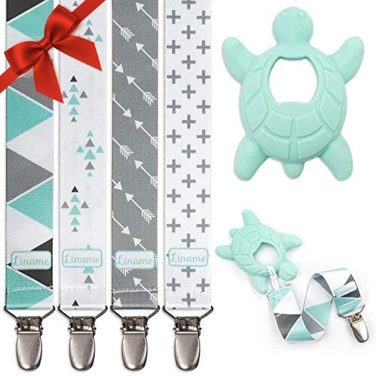 Liname Neutral Pacifier Clip With Teething Toy - 4 Pack Pacifier Clips For Boys & Girls - Binky Holder Soothie Paci Clip Binkie