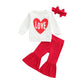 Wybzd Baby Girl Valentines Day Outfit Love Heart Tee Shirt Top Bell-Bottom Pants Sets Cute Toddler Clothes Heart Love 3-4T