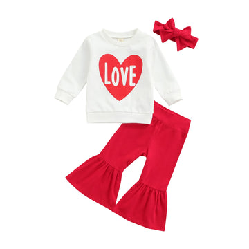 Wybzd Baby Girl Valentines Day Outfit Love Heart Tee Shirt Top Bell-Bottom Pants Sets Cute Toddler Clothes Heart Love 4-5T