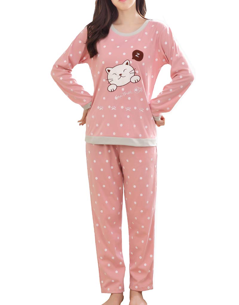 Vopmocld Big Girls Long Sleeve Sleepwears Cute Sleepy Cat Polka Dots Pajamas Loungewears, Pink, L(14)=US 1113 Years