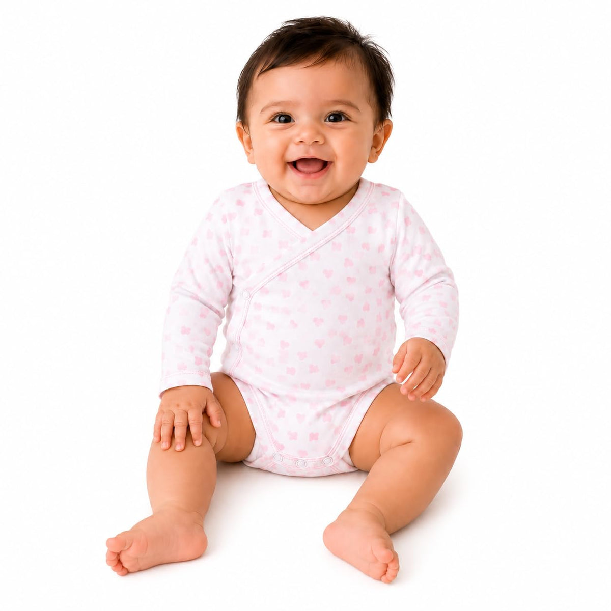 HER EDITIONS (3 Month) Baby Girl Long Sleeve Cotton Bodysuit, White with Pink Heart Print, SideSnap Kimono Wrap Onesie, Infant(