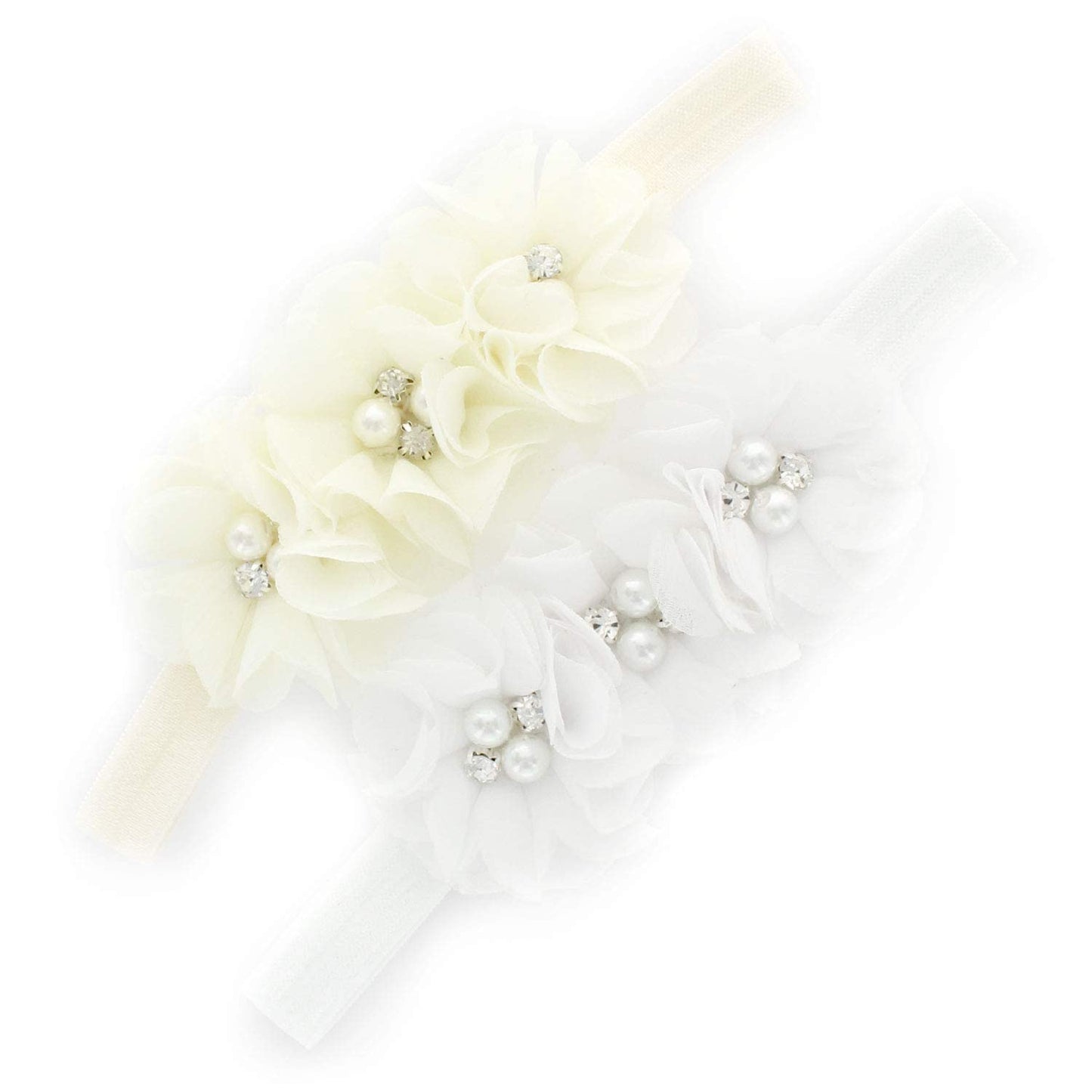 My Lello Baby Flower Headbands Fabric Beaded Trio Stretchy Elastic Pair (Ivory/White)