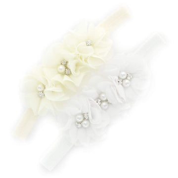 My Lello Baby Flower Headbands Fabric Beaded Trio Stretchy Elastic Pair (Ivory/White)