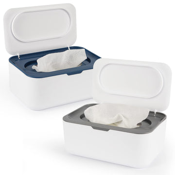 Flenpptly 2 Pack Baby Wipes Dispenser, Wipes Case Baby Wipe Holder Keeps Wipes Fresh, Non-Slip, Easy Open & Close (Grey And Blue