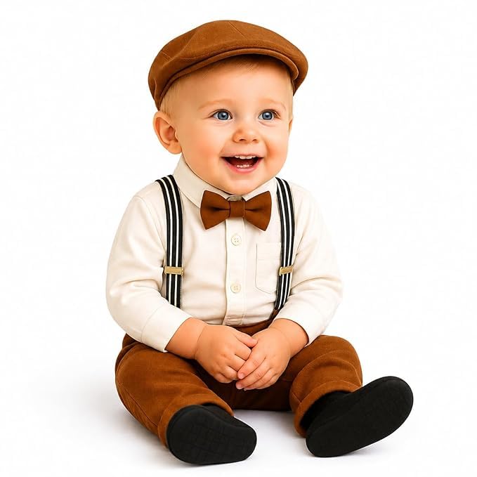 Bleckz Someak Boys Cotton Spandex Full Sleeve Shirt And Pant Set With Suspender, Bow Tie & Cap | Formal Party Clothing Set For B