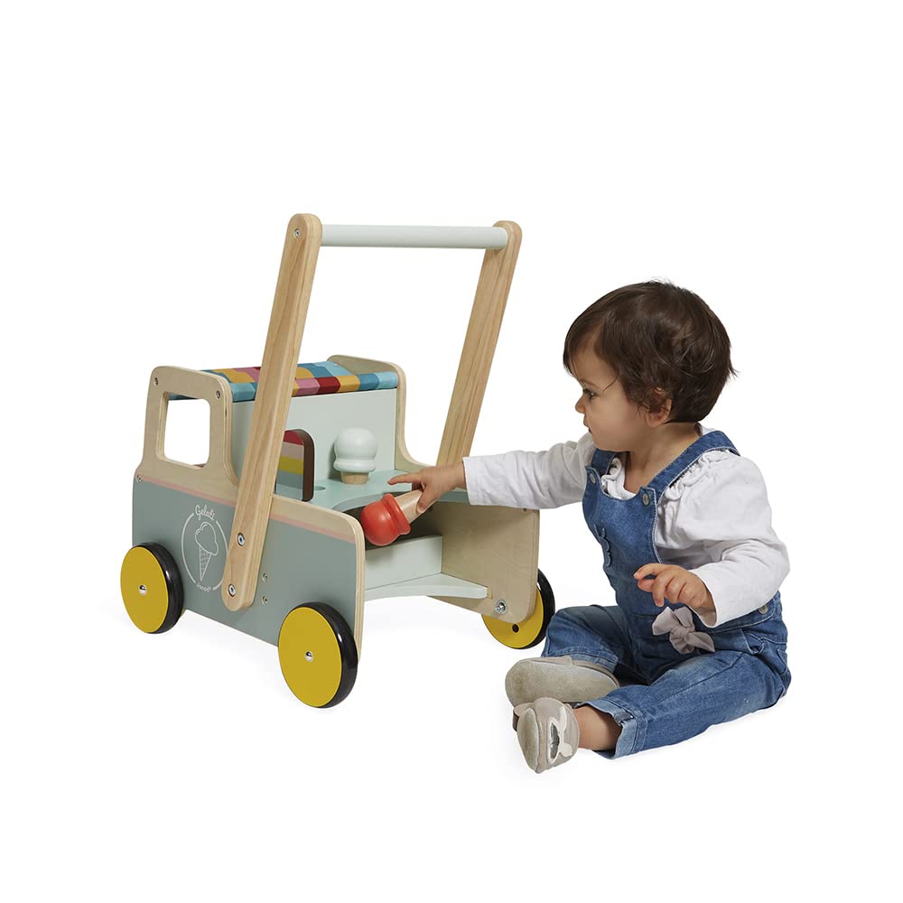 Janod - Janod - Wooden Pull-Along Ice Cream Cart/Trolley - 4 Ice Creams Included - Silent Wheels - Anti-Tip System - FSC-Certifi