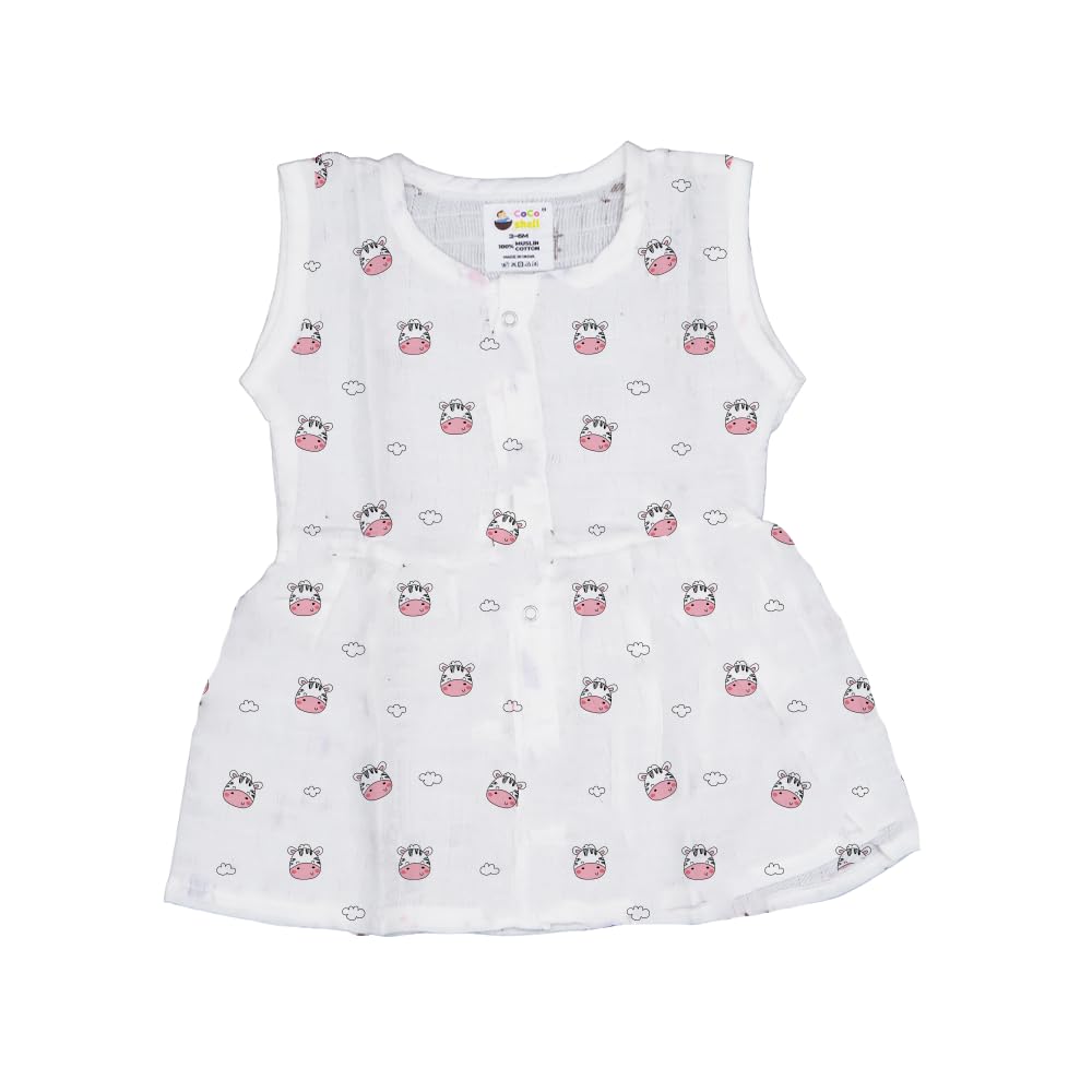 Cocoshell 100% Muslin Cotton Baby Girl Frock | Soft & Breathable Dress | Sleeveless Summer Wear For Newborns & Infants | Print 