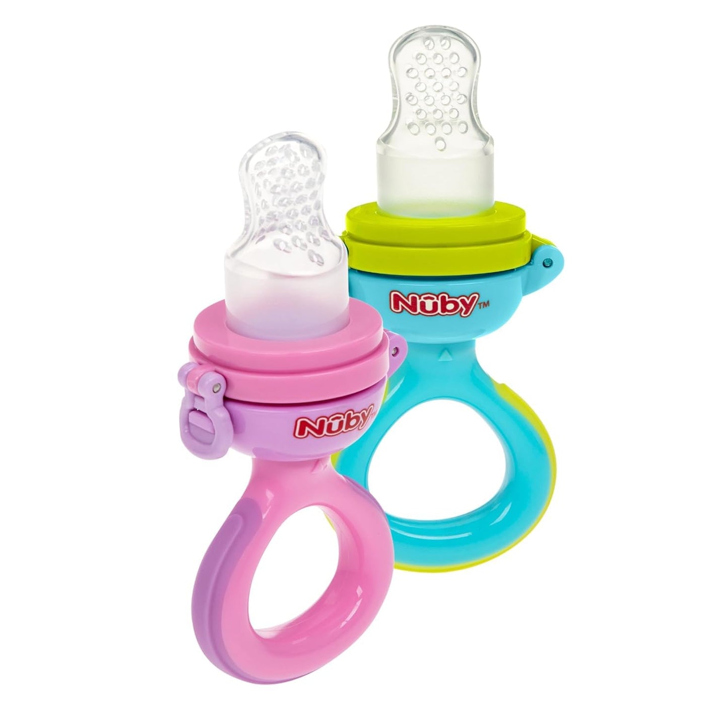 Nuby Babys First Food Dispenser With Hygienic Cover | Babys First Soft Foods And Teething | 2 Pack: Aqua & Blue Or Pink & Aqua |