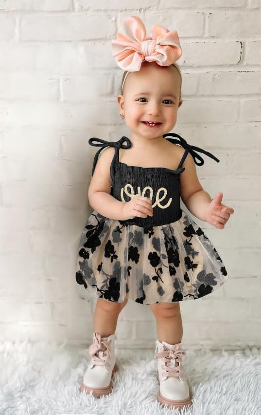 Titkkop Baby Girl 1St Birthday Clothes One Year Old Tulle Romper Sleeveless Bodysuit Cake Smash Outfits(Apricot & Black,9-12M)
