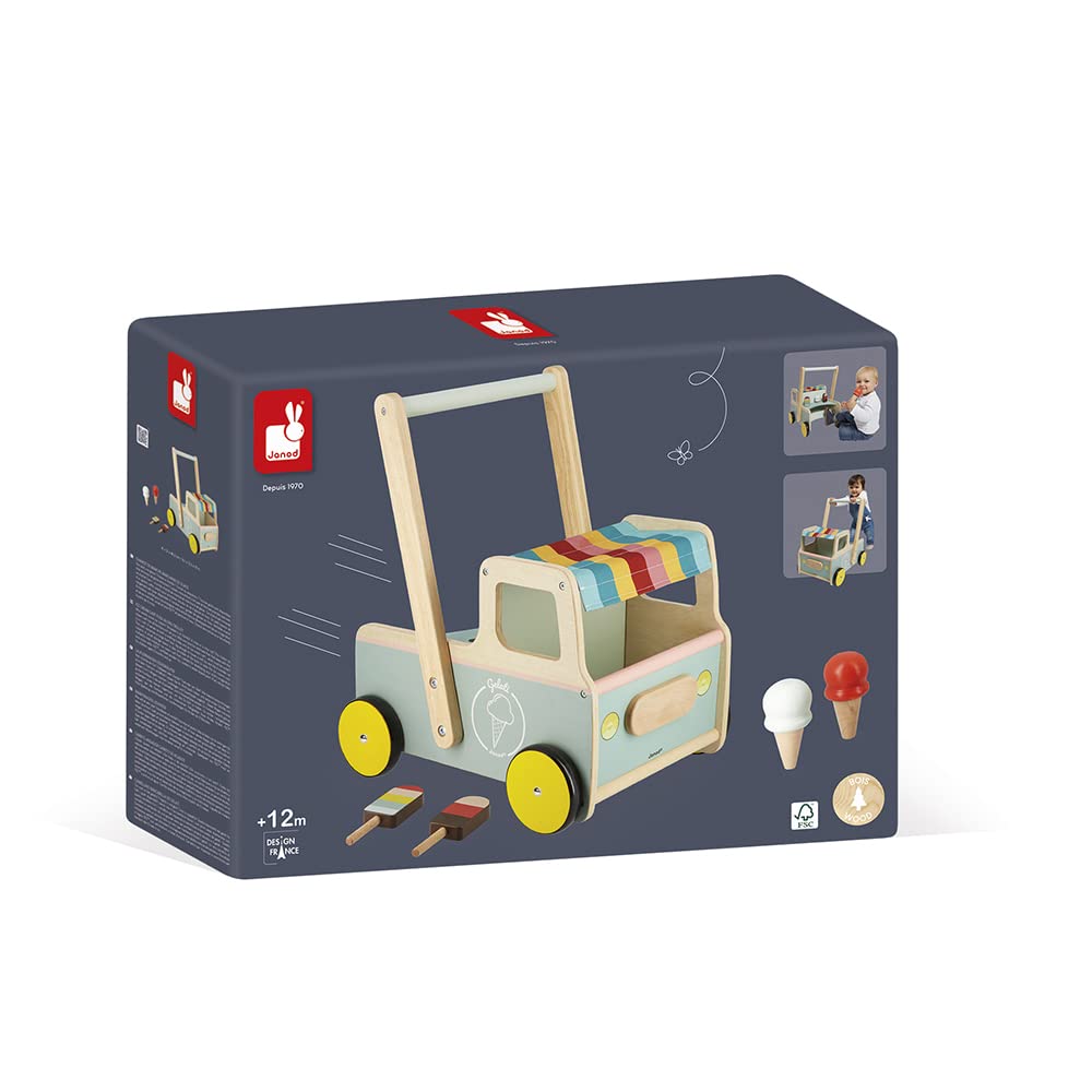 Janod - Janod - Wooden Pull-Along Ice Cream Cart/Trolley - 4 Ice Creams Included - Silent Wheels - Anti-Tip System - FSC-Certifi