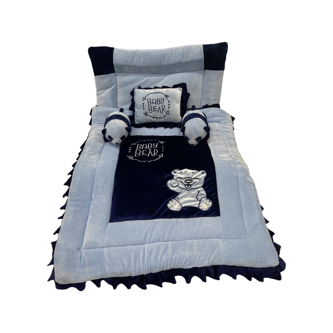 Pinks And Blues Full Sleeping 5 Piece Baby Bedding Set With Two Bear Shape Side Pillows (048 Months) (Sky Navy)