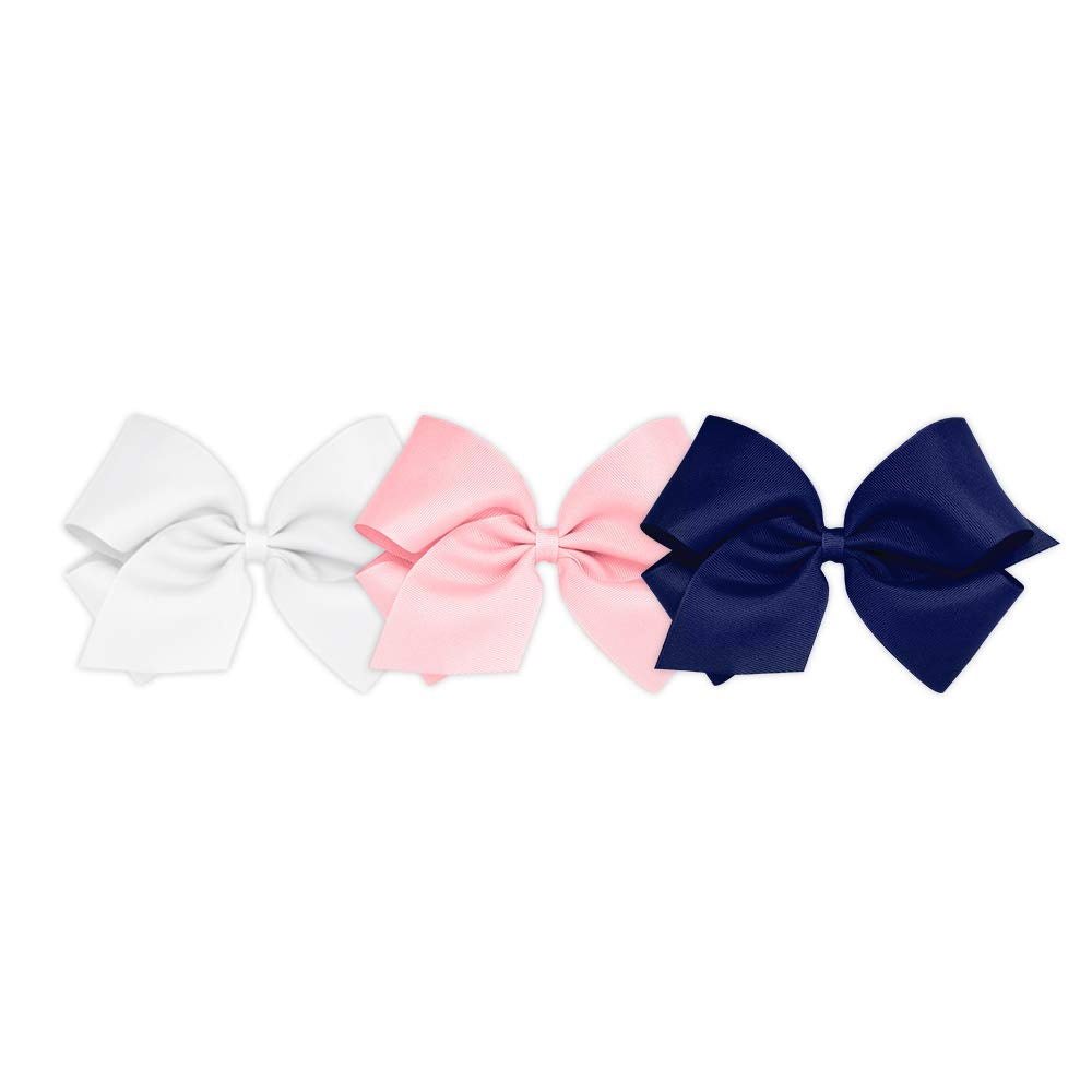 Wee Ones Girls' King Bow 3 Pack Set Solid Grosgrain Variety Pack On A Weestay No-Slip Hair Clip - White, Light Pink, And Light N