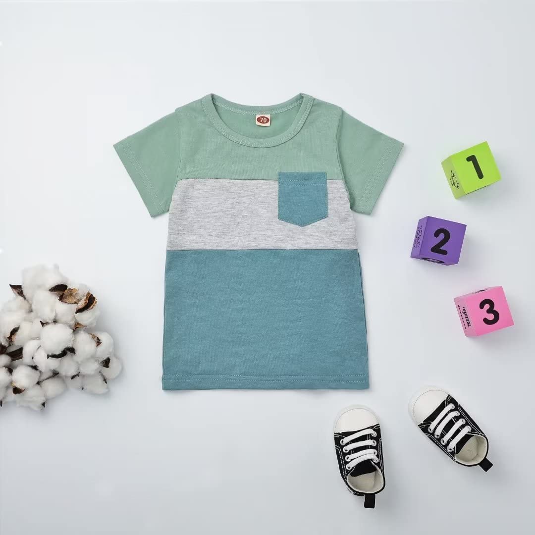 12-18 Month Boy Clothes Toddler Boys Summer Outfits Short Sleeve Patchwork T-Shirt & Solid Shorts Clothing Set 2 Piece, Light Bl