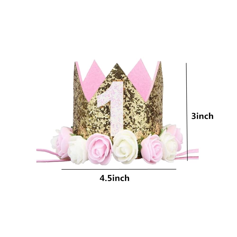 Sparkle 1St Baby Crown Headband Hat, Glitter First Birthday Flowers Crown For Princess Girl Baby Show Toddler Photography (Pink