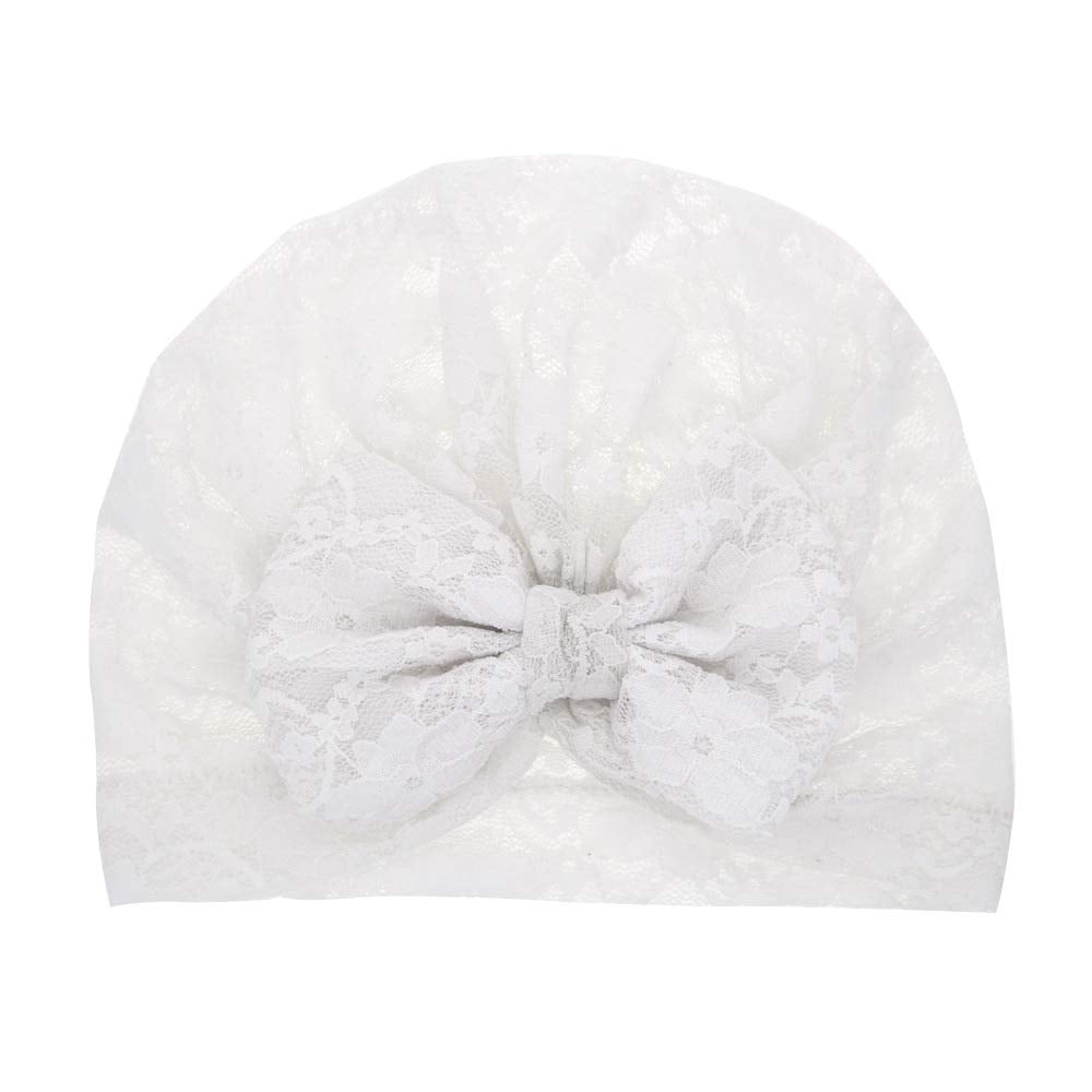 Lace Bow Headband Turban For Baby Girls Lace Beanie Cap Baby Lace Bowknot Hat Jbc18 (2 Pcs-White)