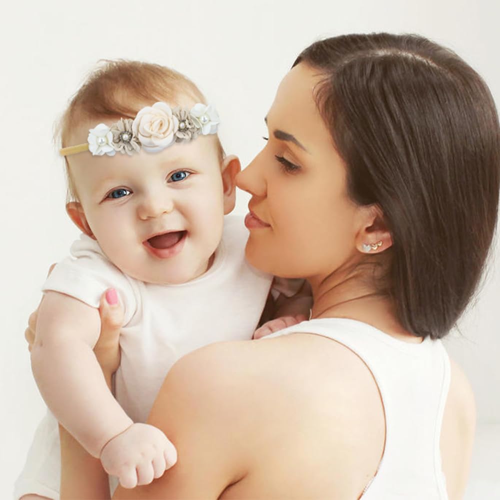 Cinaci 5 Pieces Super Stretchy Soft Baby Girl Nylon Flower Headbands Baptism Christening Floral Tiaras Crowns Hairbands Hair Acc