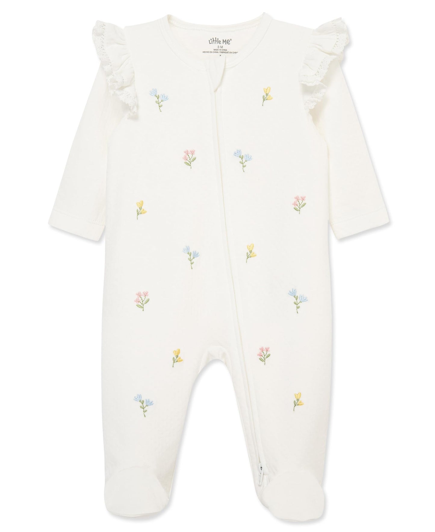 Little Me Clothes for Baby Girls' 100% Cotton Scratch-Free Tag Footed One-Piece Romper Sleeper, Flora, 3 Months