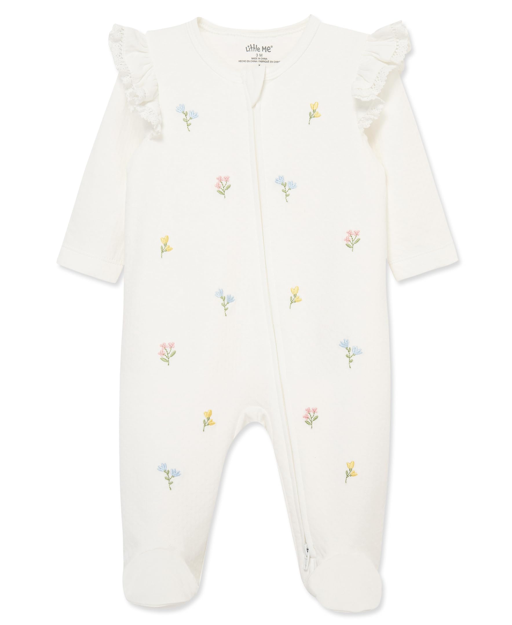 Little Me Clothes for Baby Girls' 100% Cotton Scratch-Free Tag Footed One-Piece Romper Sleeper, Flora, 3 Months