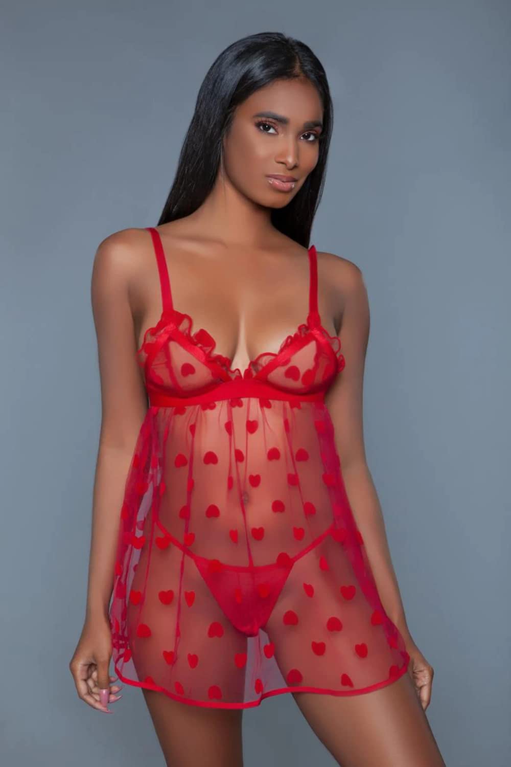 Plus Size Valentine Mesh Babydoll Set Red 2X