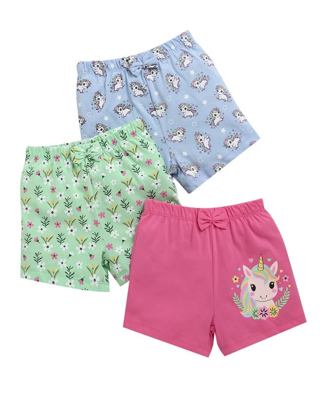 Bumzee Girls Cotton Above Knee Length Shorts Pack Of 3 Green & Pink  612 Months (Peb10446CGrn)